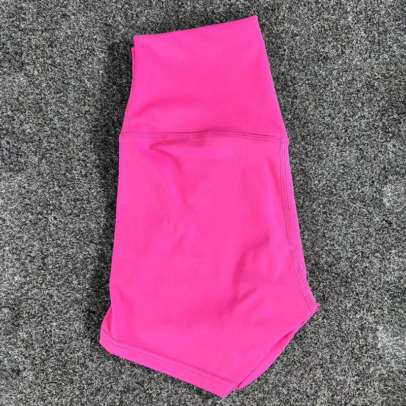 Ladies high-waisted yoga shorts in nylon fabric, shown in one of 16 available colours.