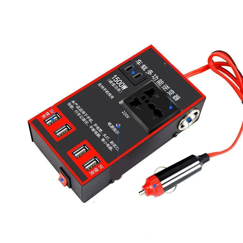 Black car power converter with 12v24v to 220v conversion and 4 USB charging ports