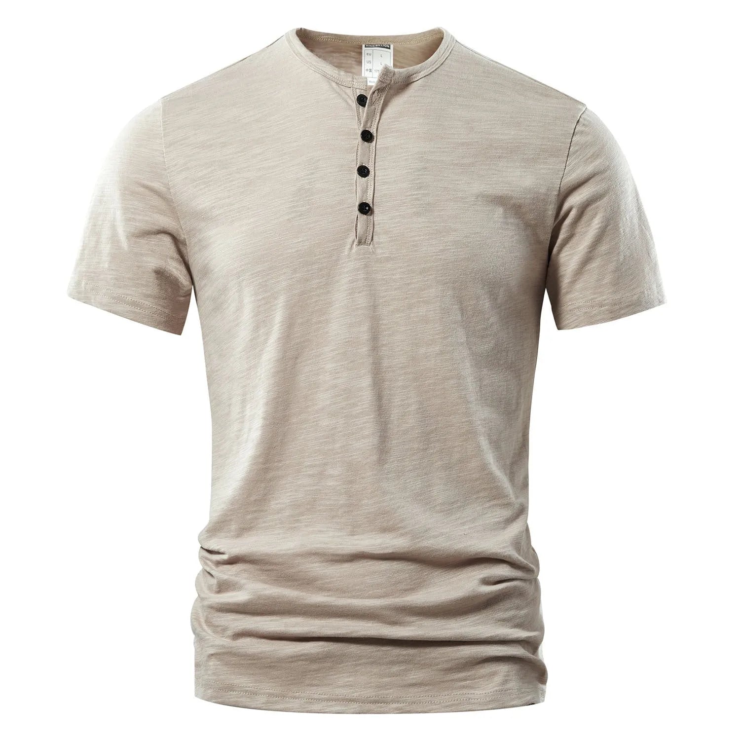 Men's slub cotton short sleeve T-shirt in a solid colour on a hanger, showing the textured fabric and British style cut.