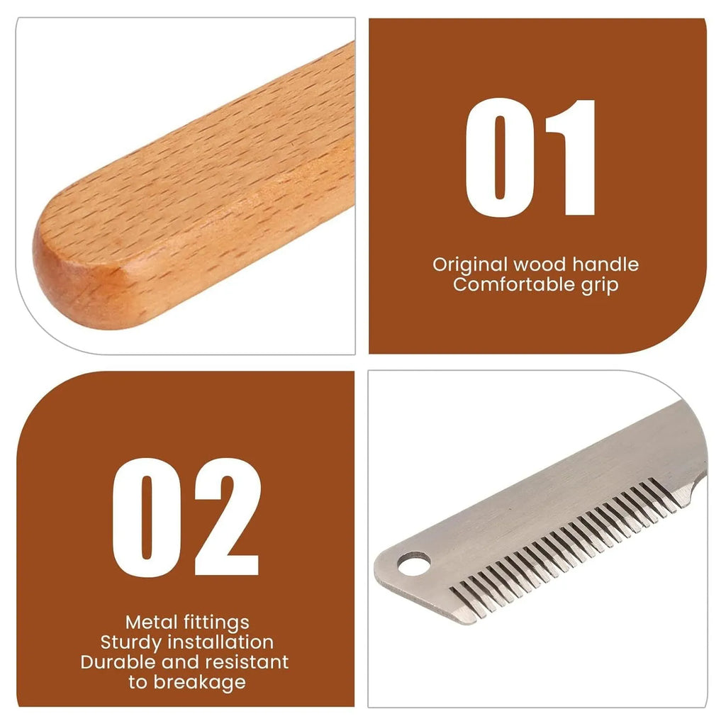 Pet stripping comb with wood handle and metal teeth for grooming long-haired dogs and cats.