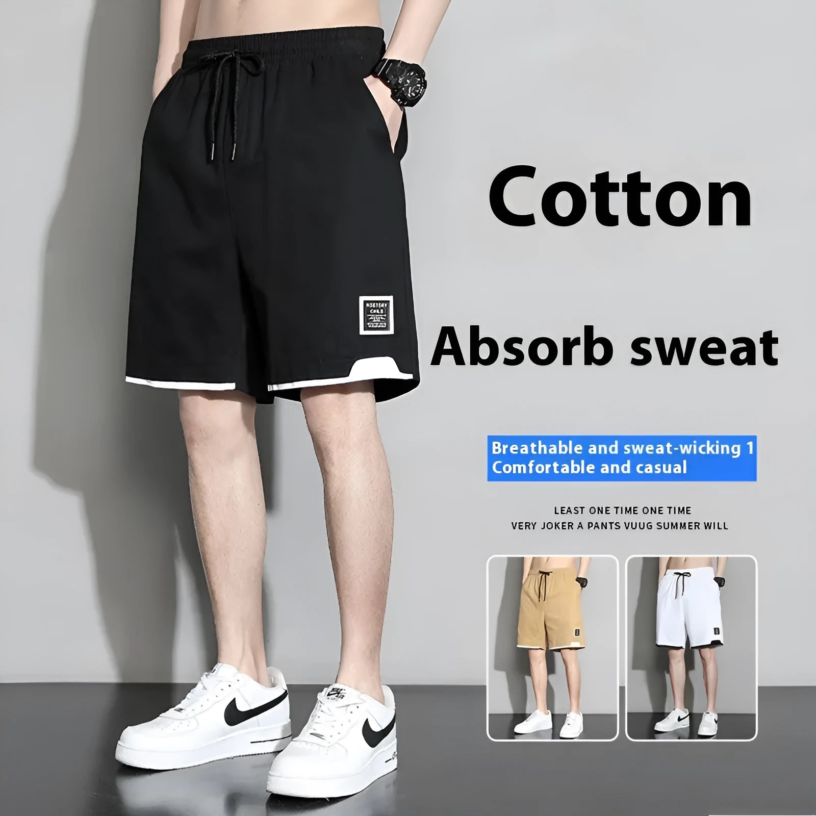 Boys' loose-fit cotton shorts in black, available in plus sizes for summer comfort.