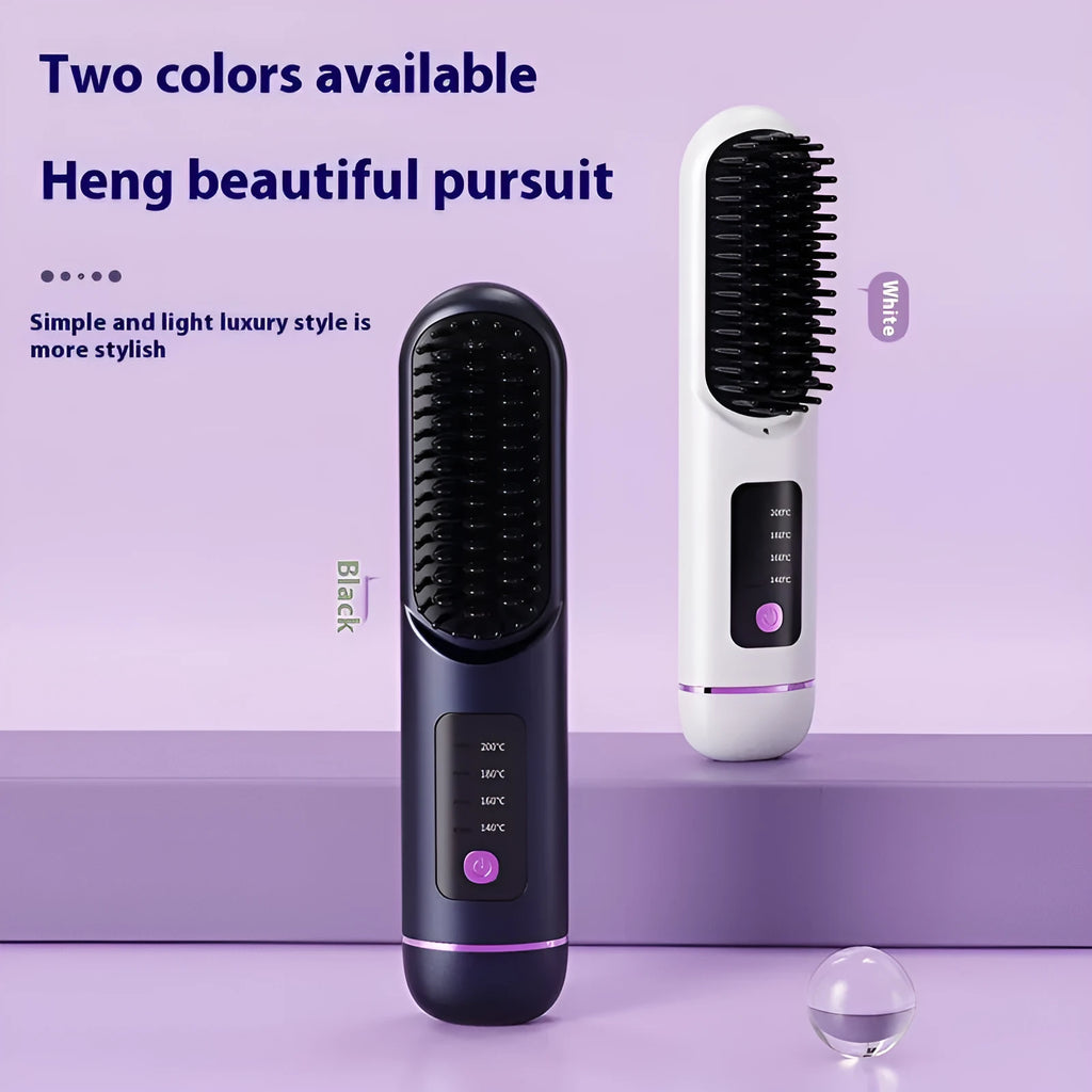 Portable negative ion straight hair comb in blue, grey, or white, showing its 15-20cm length and ABS plastic body.