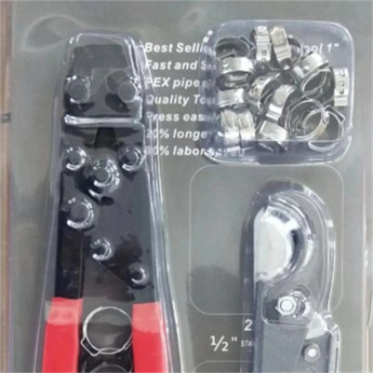Red cloth pouch containing metal PEX clamp tool with single ear mechanism and carbon steel cutting edge