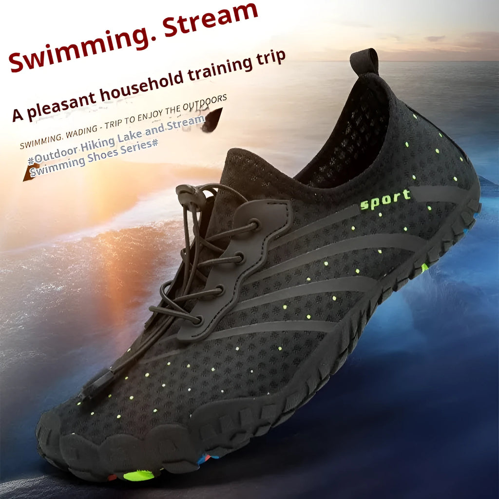 Couple outdoor fitness shoes in army green with mesh upper and rubber sole for beach swimming and hiking