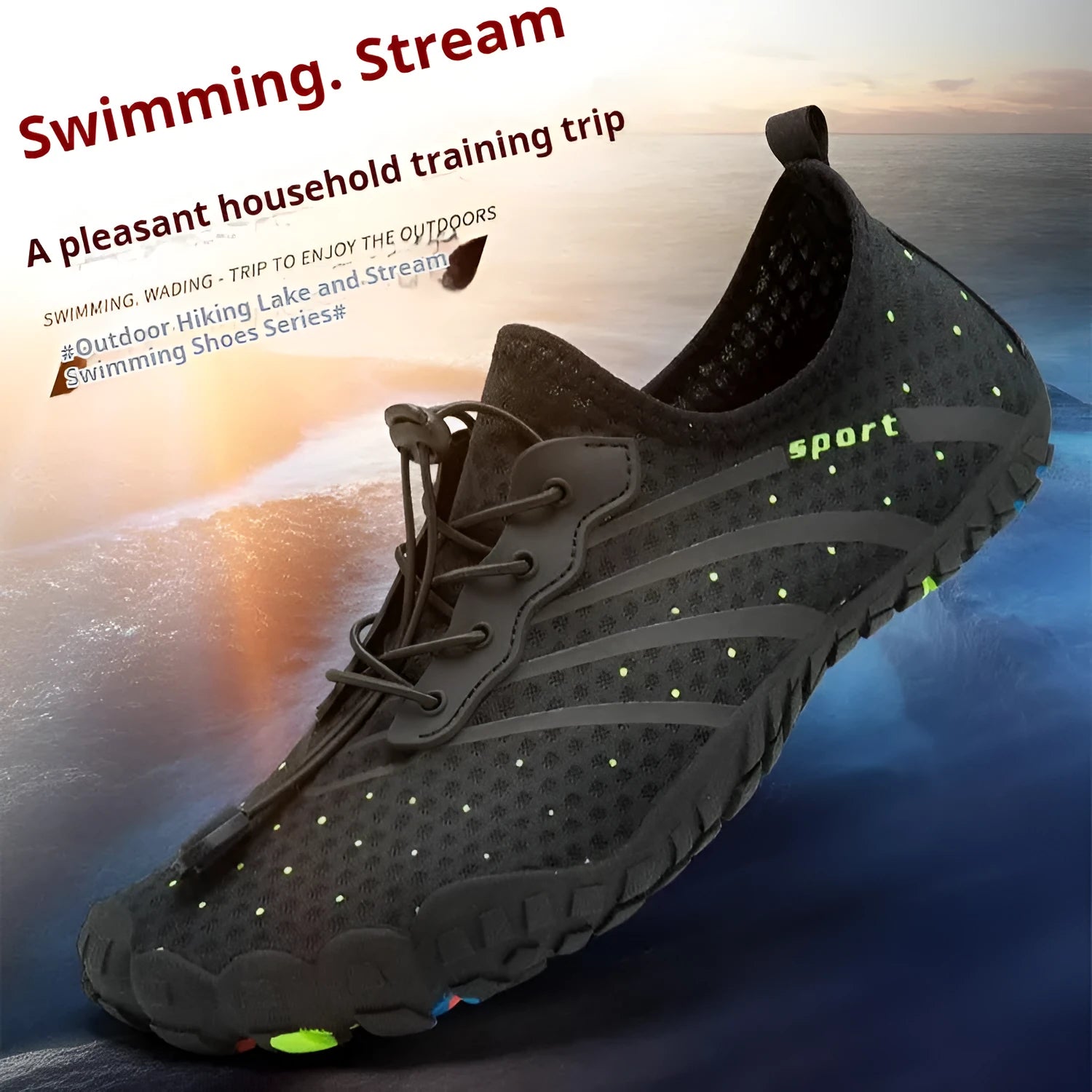 Couple outdoor fitness shoes in army green with mesh upper and rubber sole for beach swimming and hiking