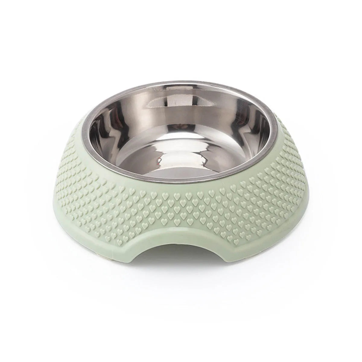 Blue stainless steel pet bowl with non-slip base for cats and dogs on a floor