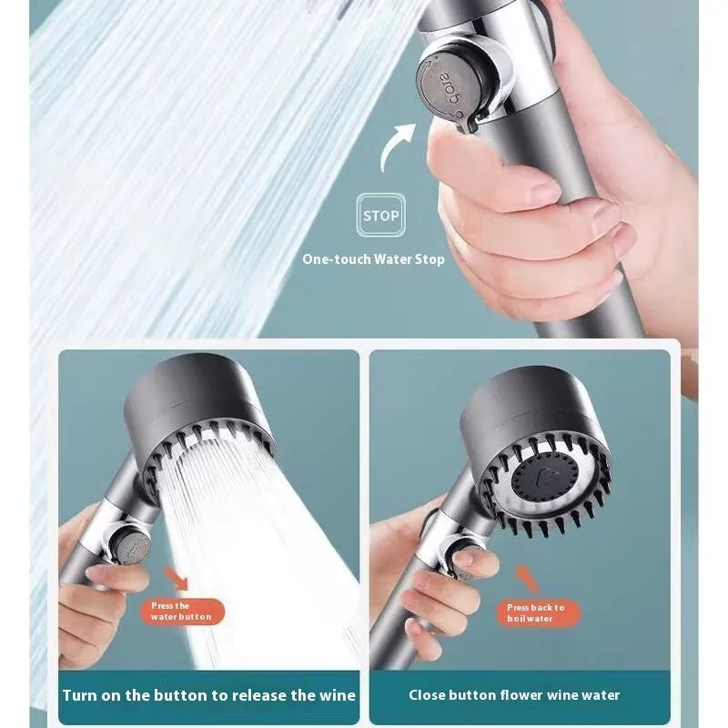 Strong Boost portable ABS plastic shower head with multiple spray mode settings.