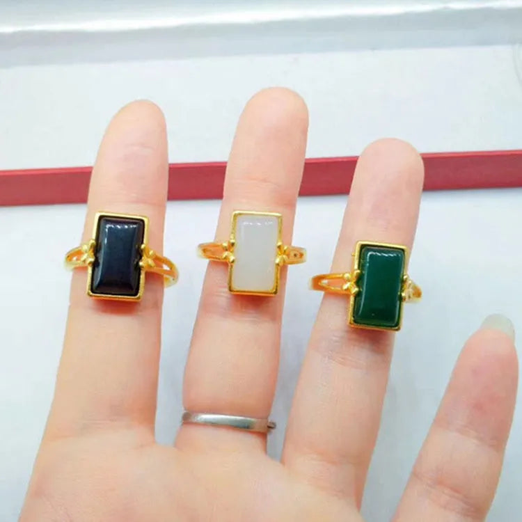 Adjustable brass gold-plated electroplated ring with artificial gemstone inlay in national style design