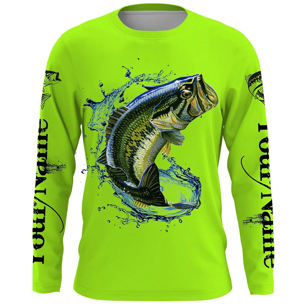 Men's grey pullover with a large printed blue fish design on the front, featuring long sleeves and a round neck.