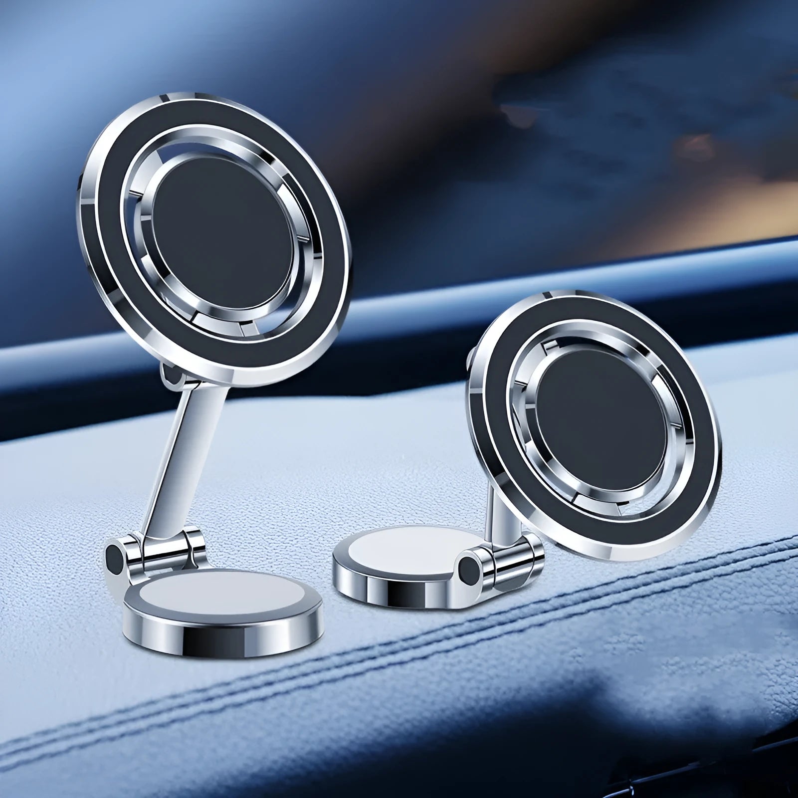 Car mobile phone holder with magnetic clip mount and 360-degree rotating bracket on dashboard