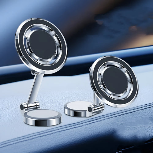 Car mobile phone holder with magnetic clip mount and 360-degree rotating bracket on dashboard