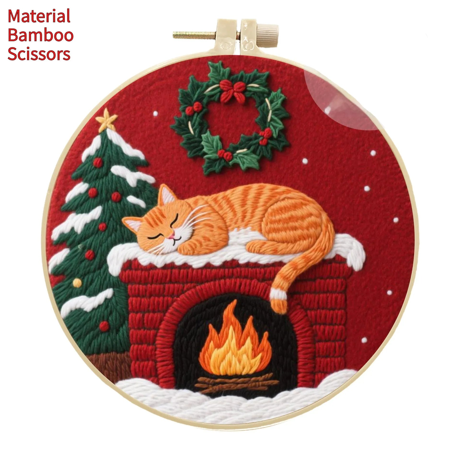 DIY embroidery material kit showing cotton linen fabric with cat and autumn fruit design, optional bamboo hoop and scissors