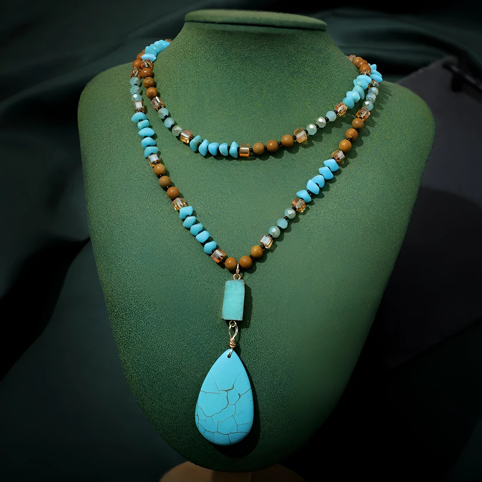 Blue turquoise drop pendant necklace on ball bead chain measuring 81cm