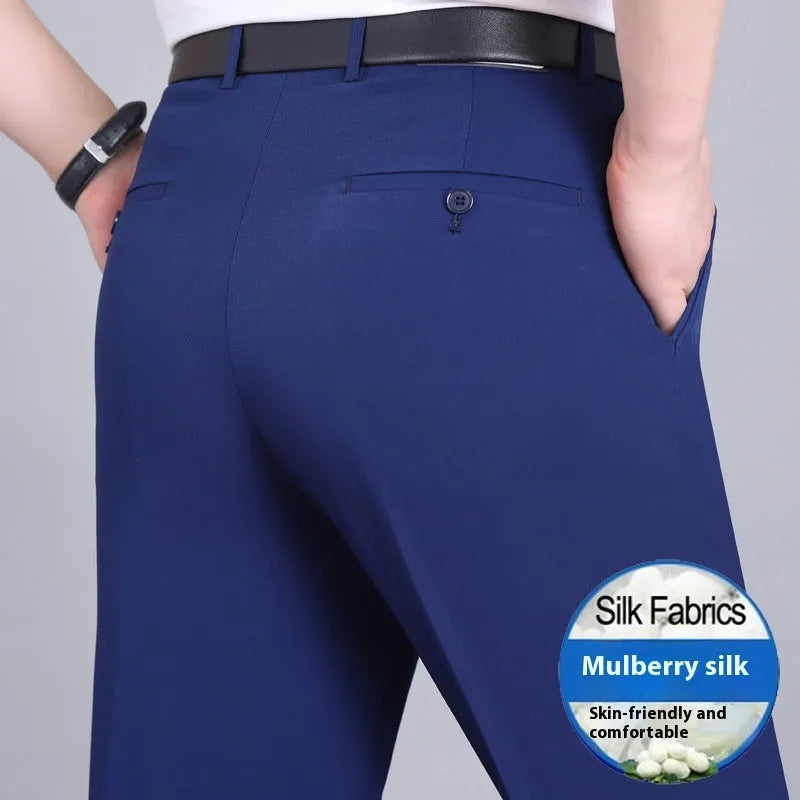 Men's mulberry silk business trousers in straight leg cut with high waist design