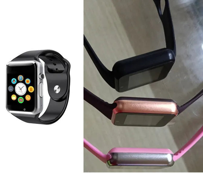 A1 Android smart watch with 1.54-inch screen, shown in available colours: black, silver, white, gold, pink, red, green, blue.