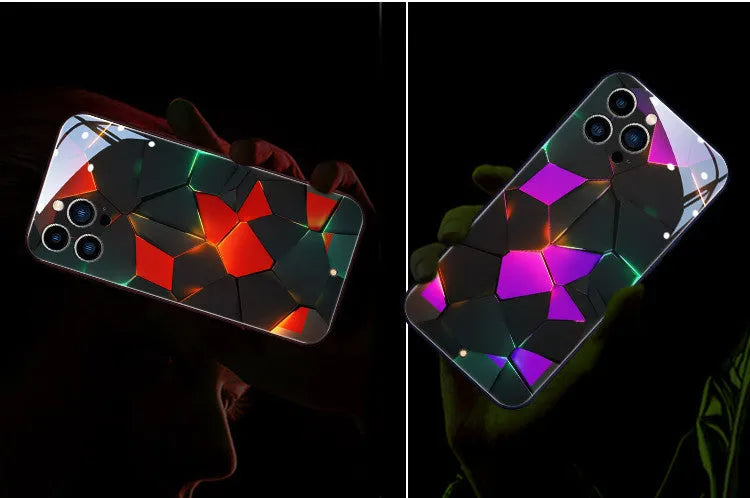 Transparent tempered glass iPhone case with incoming light feature showing Lightning Rhombus design.