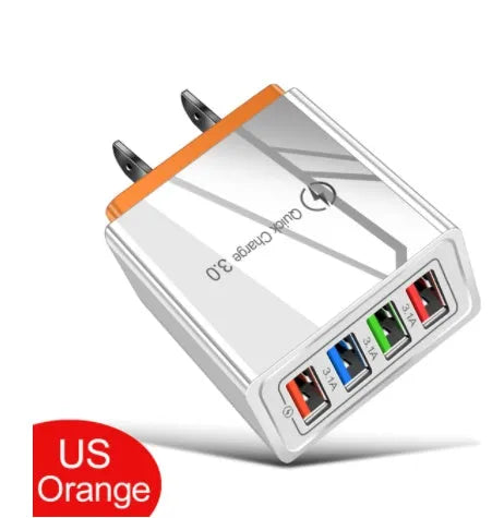Four-port USB wall charger with LED light in choice of seven colours and EU/US plug options