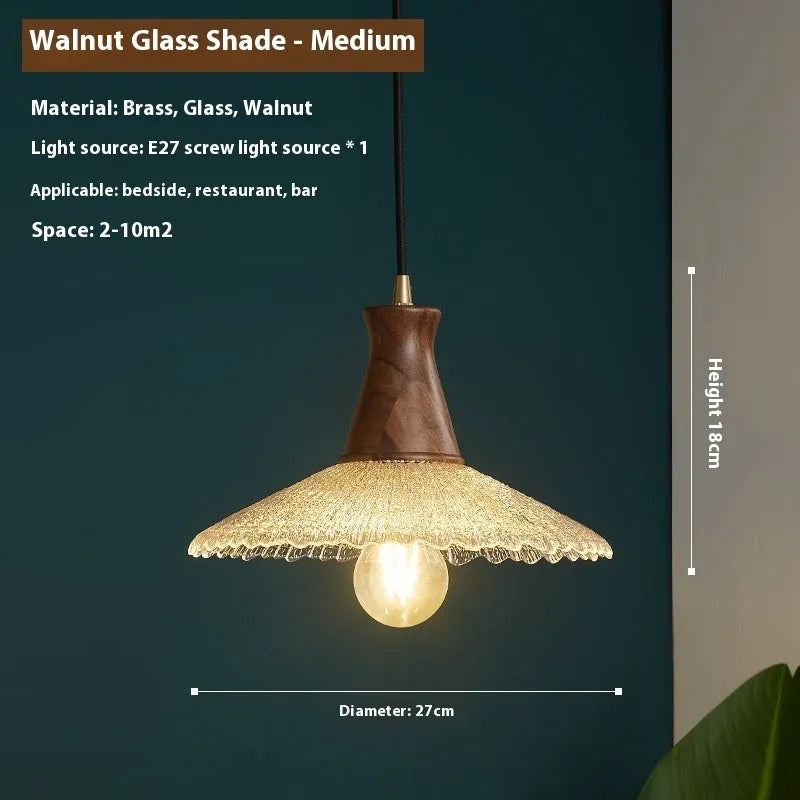 Retro wood and glass ceiling chandelier with brass-colour finish in three sizes.