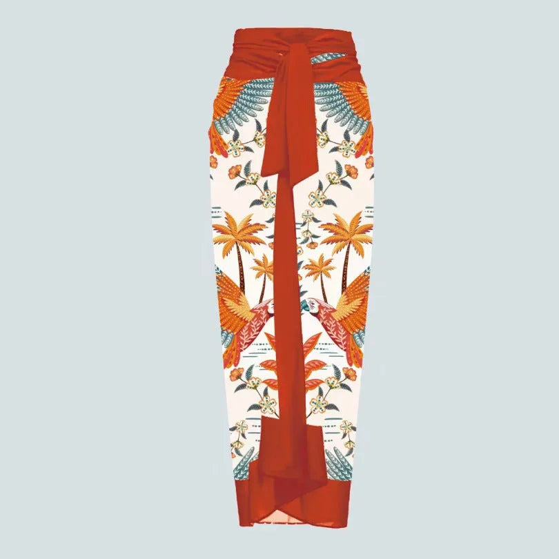 Women's floral print one-piece swimsuit with matching sarong wrap skirt in multiple colour options