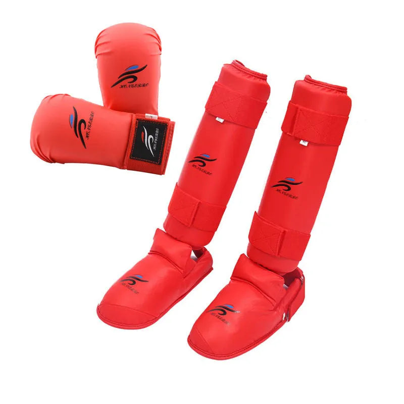 Red and blue martial arts protective gear set including helmet, gloves and leg guards in PU material