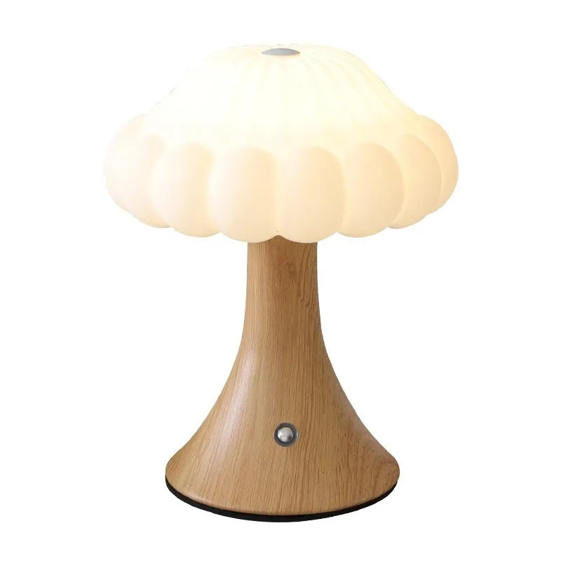 Mushroom-shaped night light with USB charging port and touch controls in five colour options