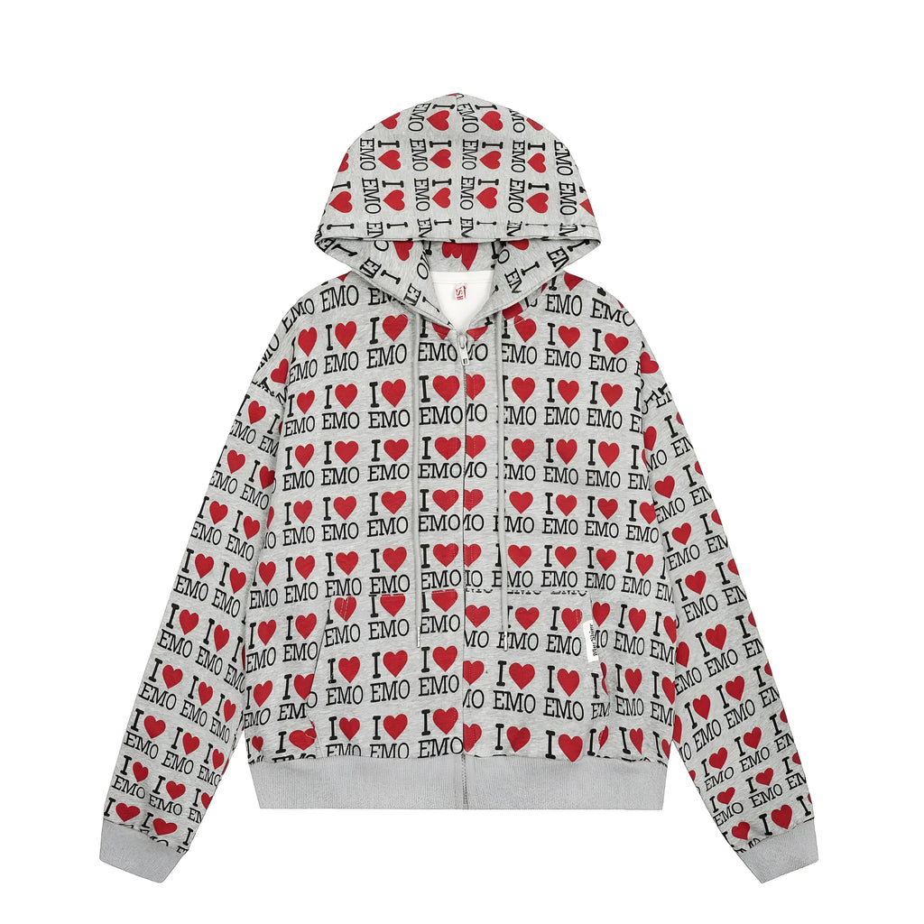 Women's mixed grey cotton cardigan with hood and retro pattern street fashion styling