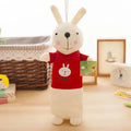 Large soft plush rabbit pencil case in multiple colours, shown with pens inside, dimensions 30cm by 14cm.