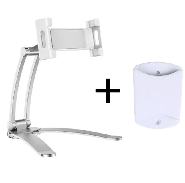 Silver aluminum alloy desktop stand holding a tablet at an adjustable angle.