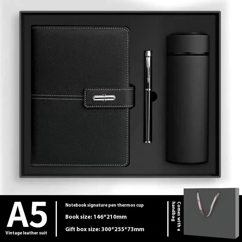 A5 notebook with imitation leather cover in multiple colour options including black, red, green, blue, and orange.