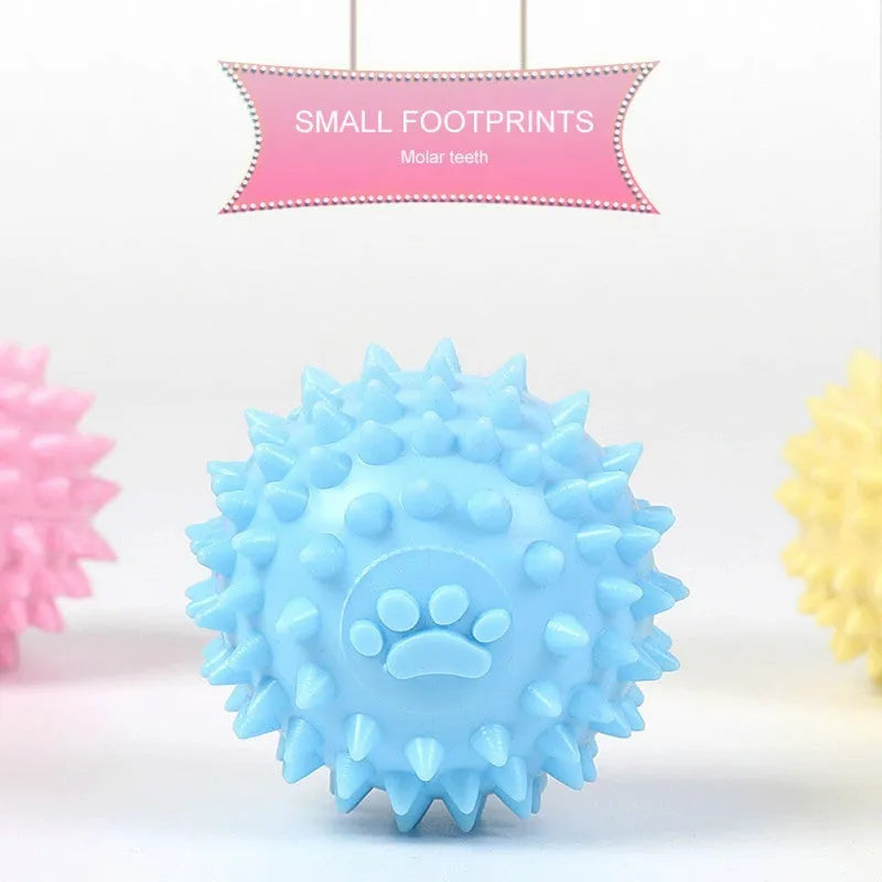 Blue TPR rubber dog chewing ball with footprint texture for dental cleaning, 6cm diameter