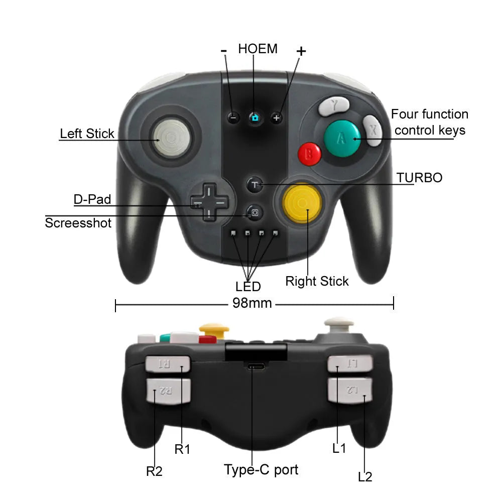 Black wireless gamepad for Nintendo Switch and PC with NFC and gyroscope functions.