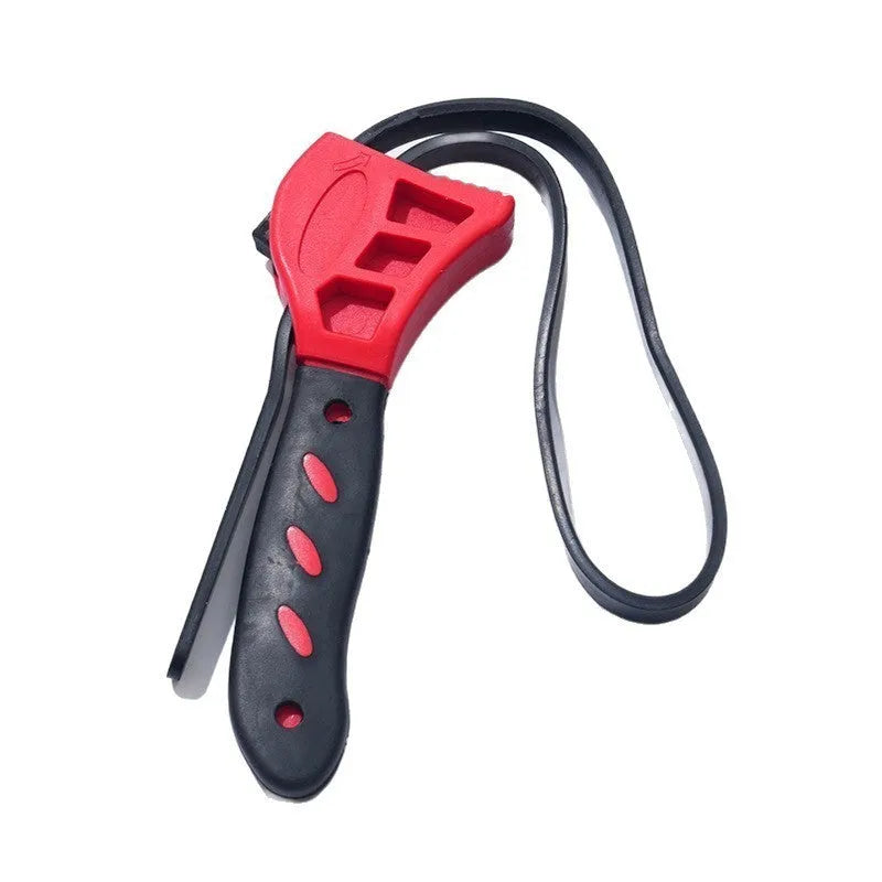 Two adjustable rubber strap wrenches, a 6-inch and an 8-inch model, for gripping oil filters and plumbing fixtures.