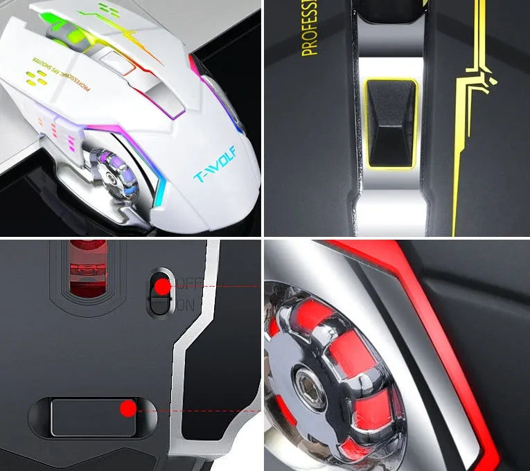 Black and white wireless quiet mouse with six buttons and 2400 DPI optical sensor for laptop computers