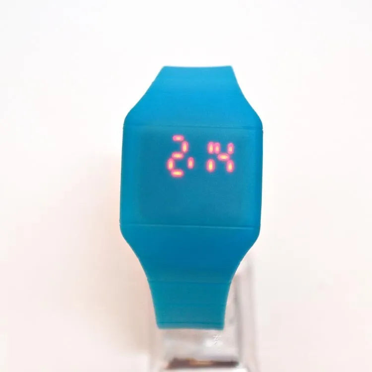 Square digital touch screen watch in multiple colours with stainless steel buckle on PU strap