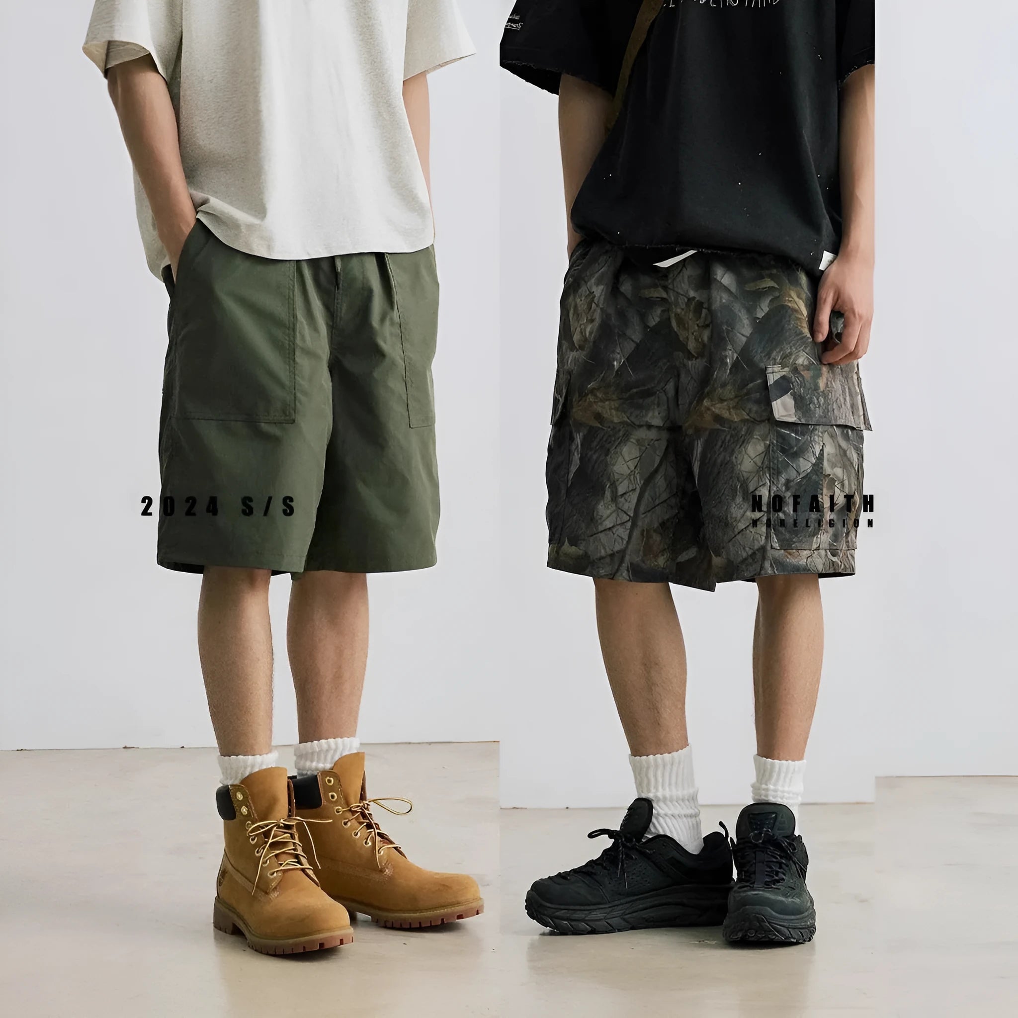 Man's loose straight-leg denim shorts in black on a hanger, showing mid-rise waist and zip fly.