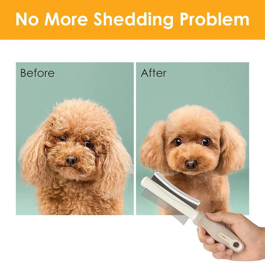White 2 in 1 dog and cat grooming brush with curved comb and deshedding sides measuring 230mm