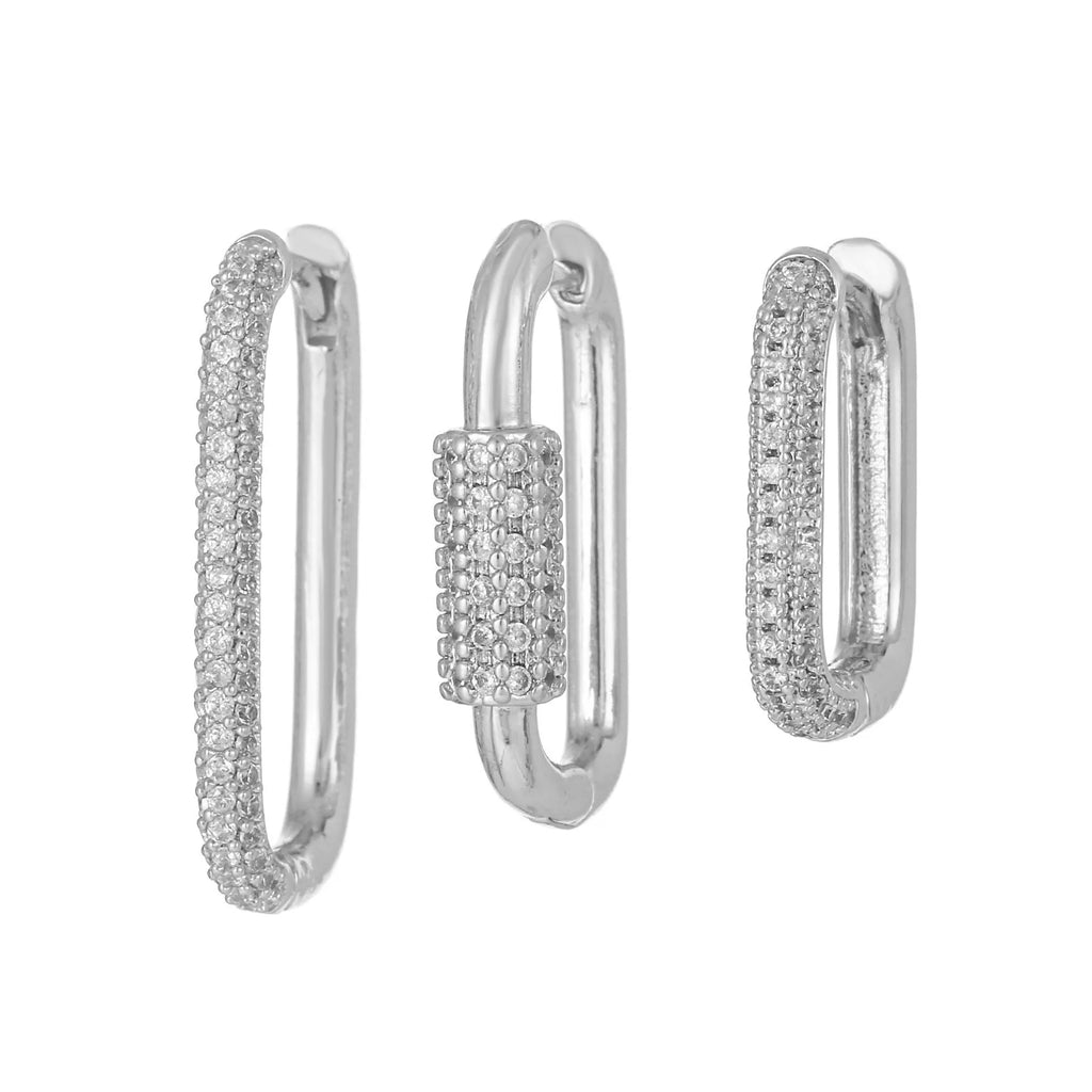 Three geometric zircon ear clips with square design in gold and white colour options
