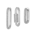 Three geometric zircon ear clips with square design in gold and white colour options