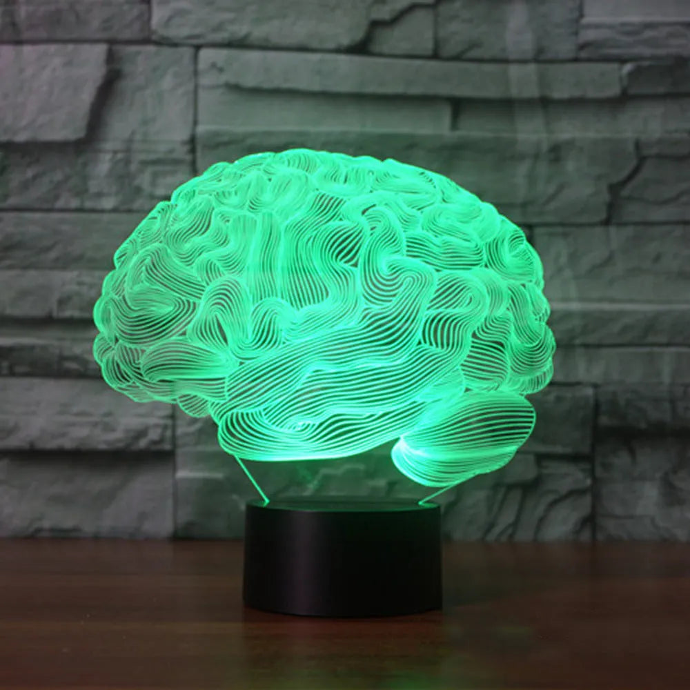 3D acrylic brain sculpture LED desk lamp with colour-changing lights on a black ABS base.
