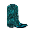Women's brown chunky heel boots with tassels and pointed toe on a white background.