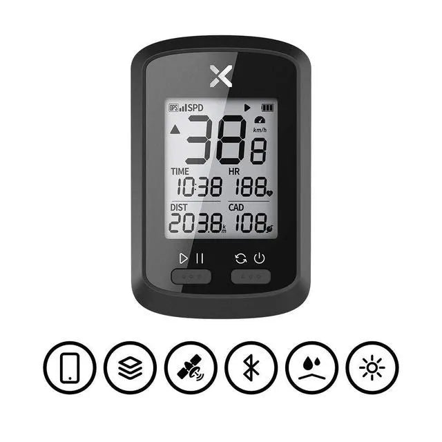 Black waterproof bicycle stopwatch mounted on bicycle handlebars