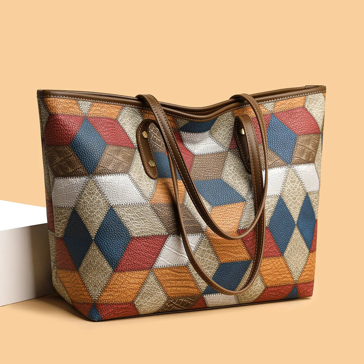Women's blue brown PVC shoulder handbag with sandwich pocket for business and travel