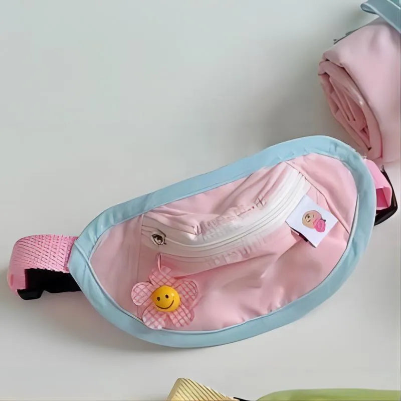 Pink, yellow, blue, and green pet carrier backpack for dogs and cats with adjustable sizing.