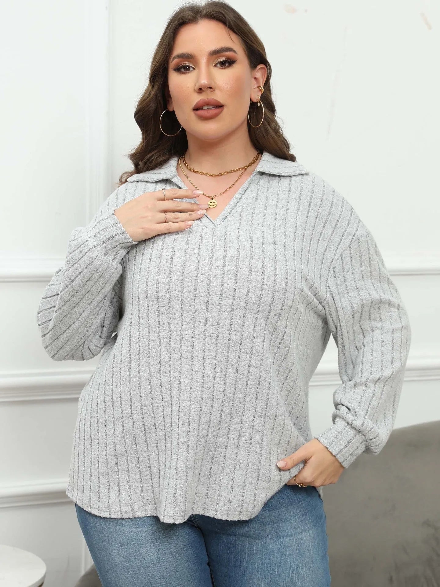 Women's plus size polo collar Gothic shirt with lantern sleeves in melange gray polar fleece