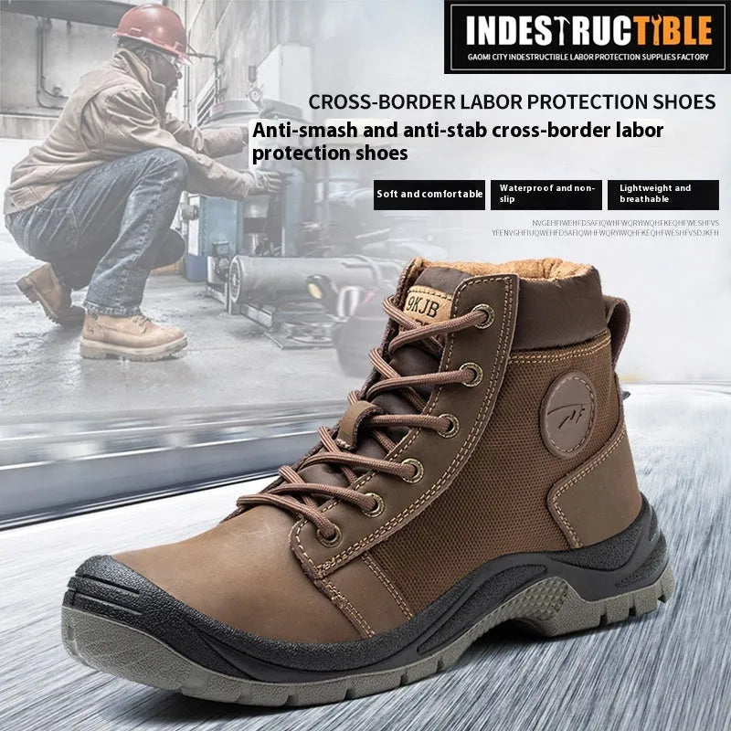 Orange labour protection safety shoes with leather uppers and rubber soles for industrial work