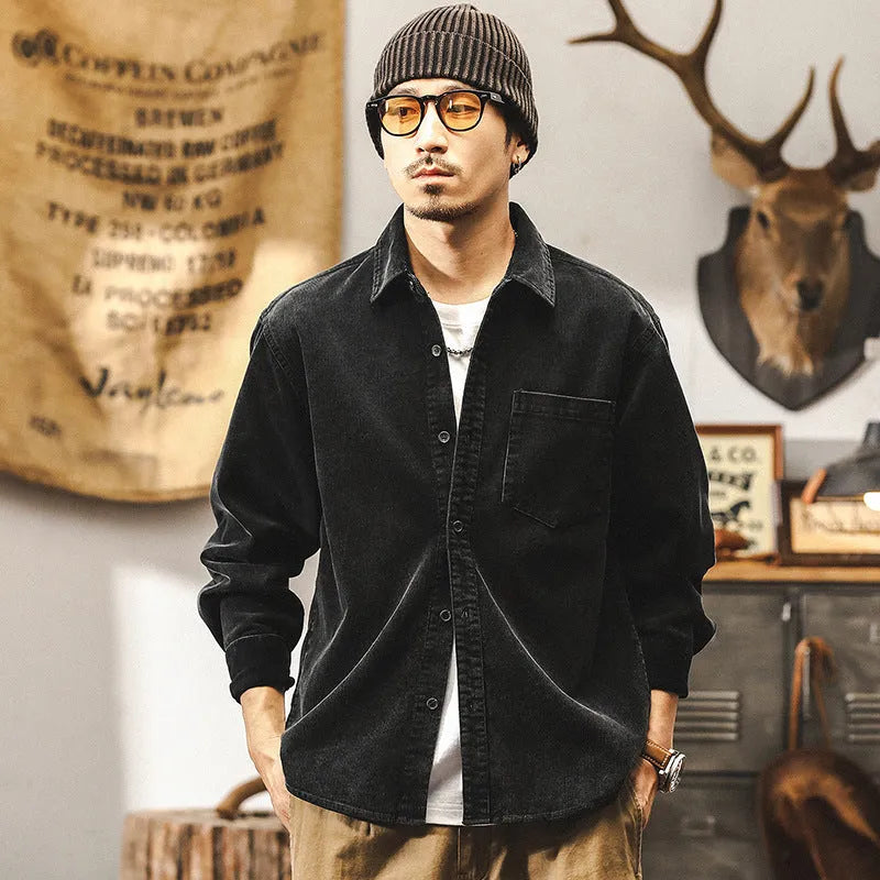 Men's loose-fit retro corduroy shirt in red, featuring long sleeves and a button-front design.