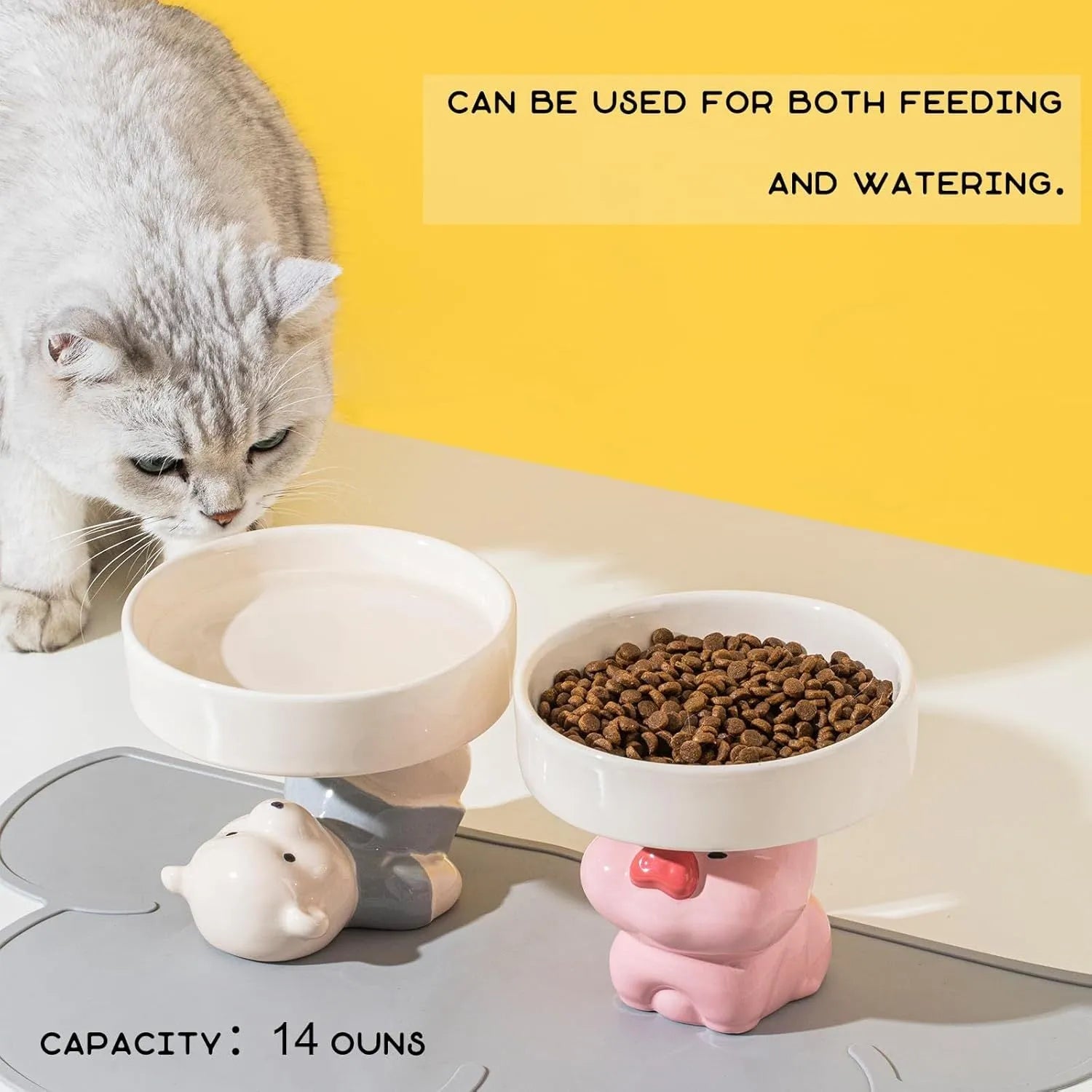 Raised ceramic cat bowl with animal theme design showing 4.92 inch elevation and 15cm diameter