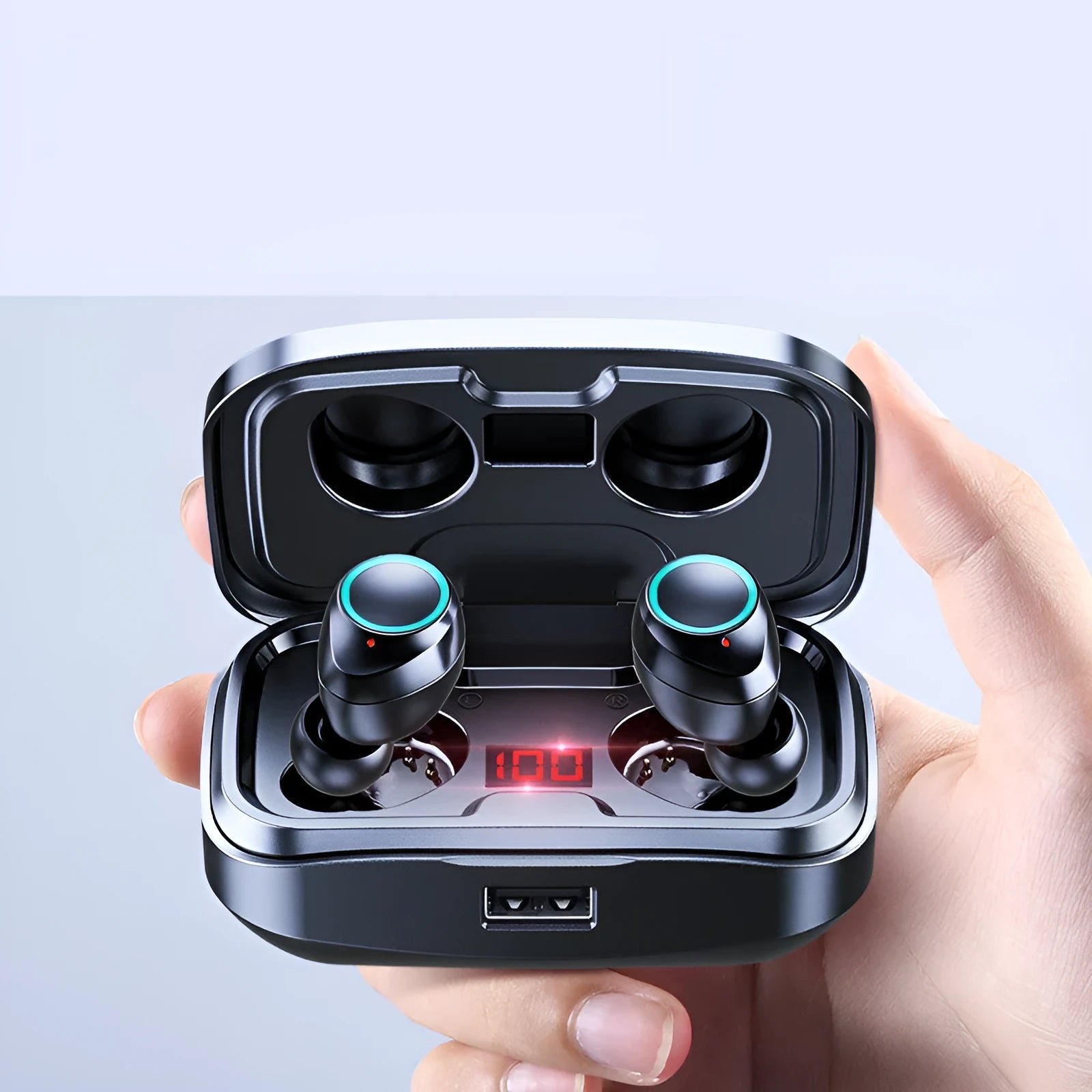 Black wireless in-ear headphones with Bluetooth 5.0 shown from the side.