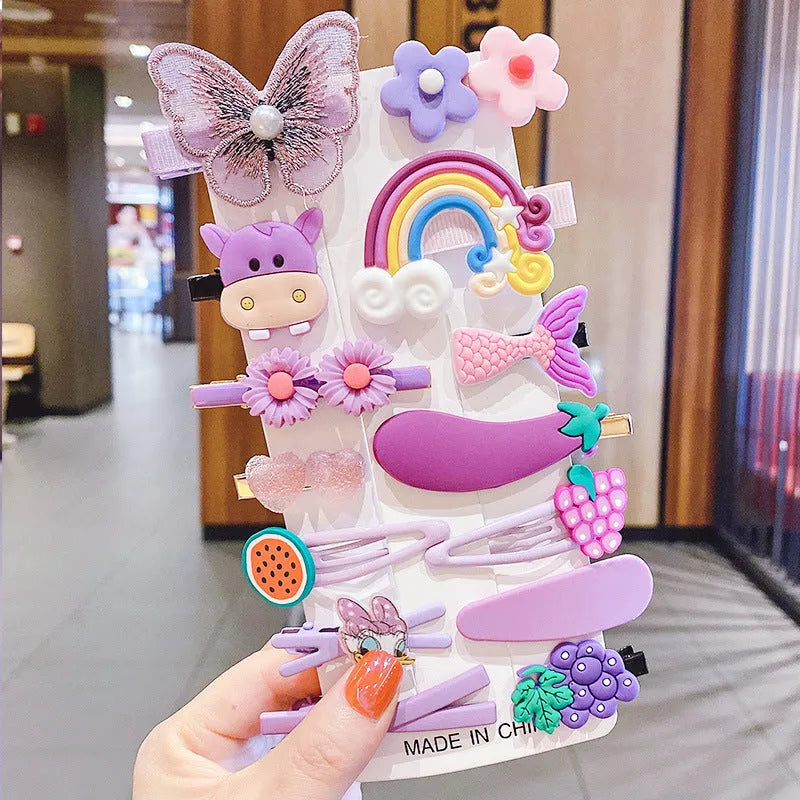 Colourful toddler hair accessories set with 14 pieces including rainbow barrettes, candy fruit pins, and butterfly clips