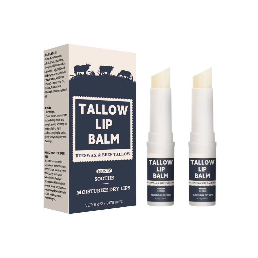 Two light grain soft full lips beef fat lip balms in standard packaging